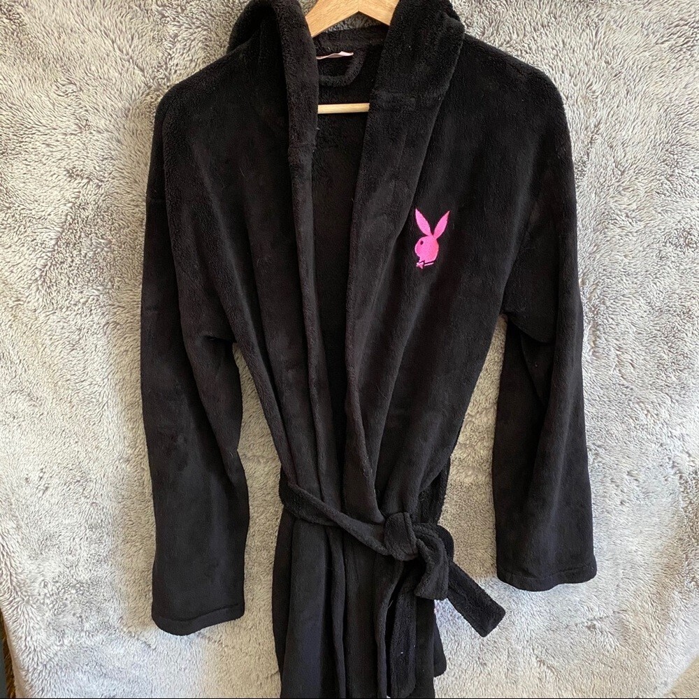 Playboy Robe pink logo bunny black soft fuzzy fleece iconic y2k vintage bathrobe
